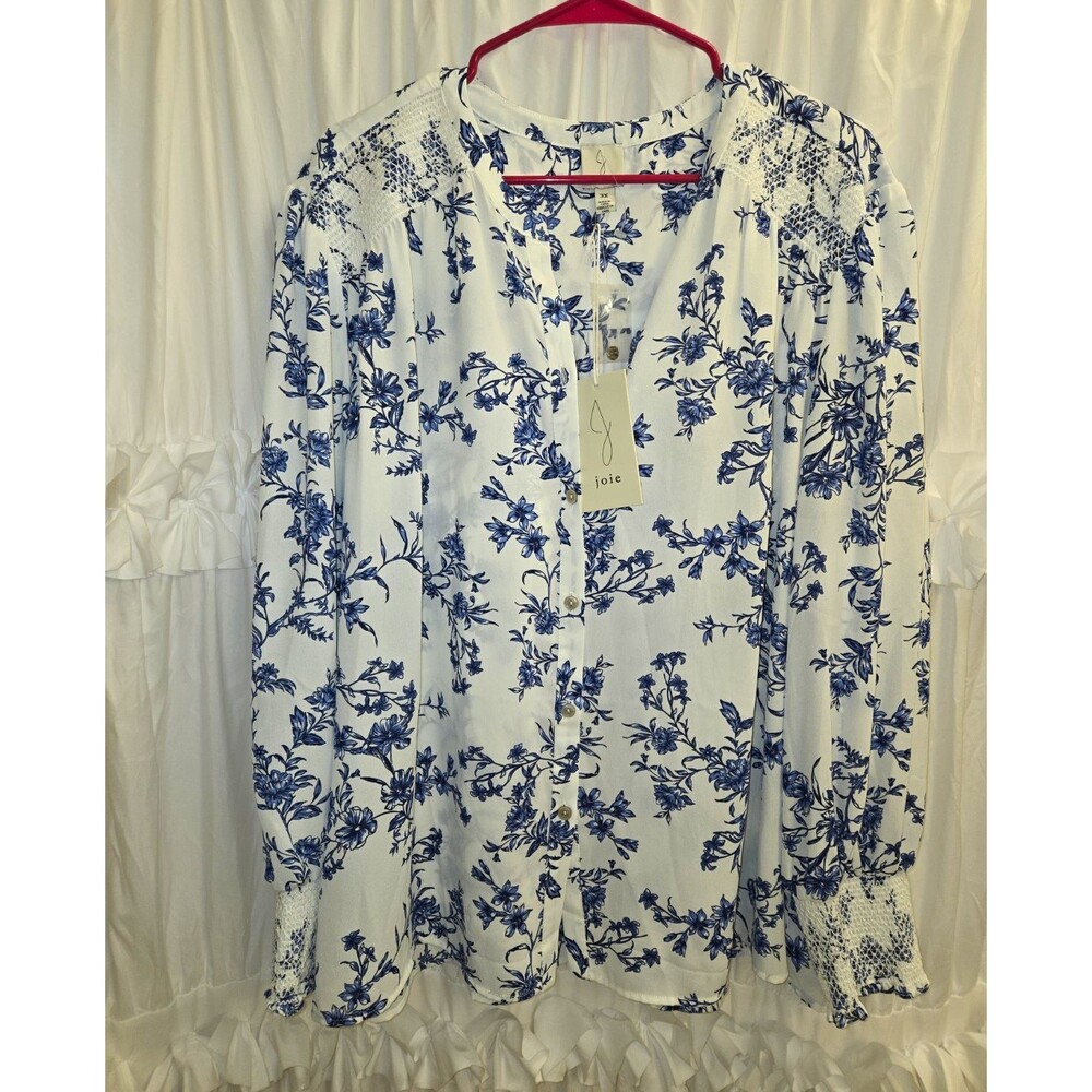 Joie White Blue Floral White Long Sleeve Blouse 3XL Smocked Shoulder & Cuff